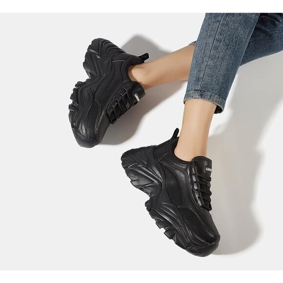 Women's Black Chunky Rubber Platform Casual Lace-Up Walking Sneaker Shoes - Picture 9 of 9